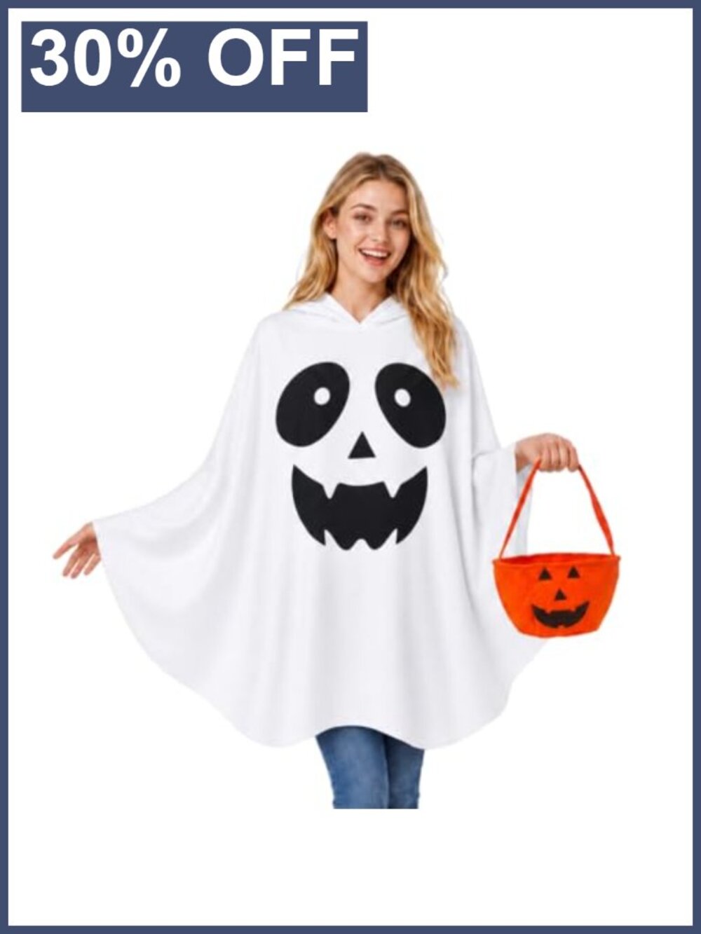 Women's White Ghost Poncho Halloween Costume with Pumpkin Treat Bag Cosplay Cape
